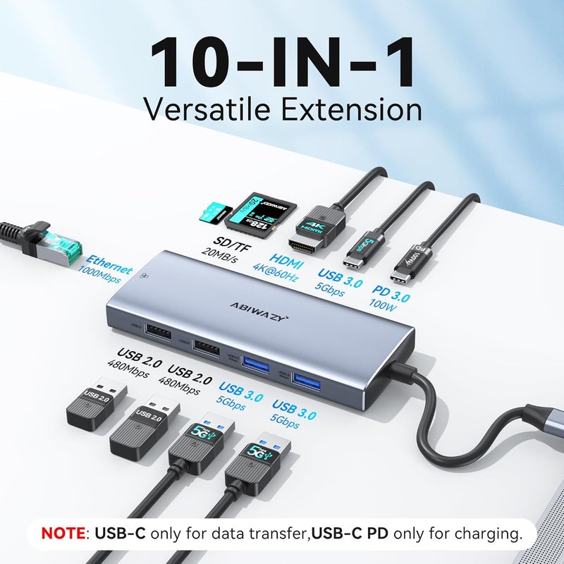 ABIWAZY USB C Hub Adapter for MacBook Pro Air,10 in 1 USB C to USB HDMI Ethernet Hub Mac Dongle Accessories Converter for laptops (4K@60Hz HDMI+Ethernet+4USB+1USB-C Data Port+SD/TF Card Reader+100W PD) - Image 2